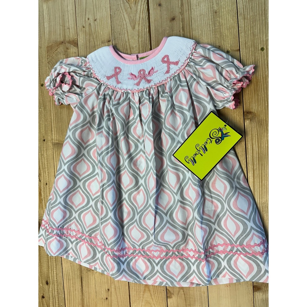 Smocked Dress‎ Pink Gray White Pattern Breast Cancer Awareness Ribbons 18M